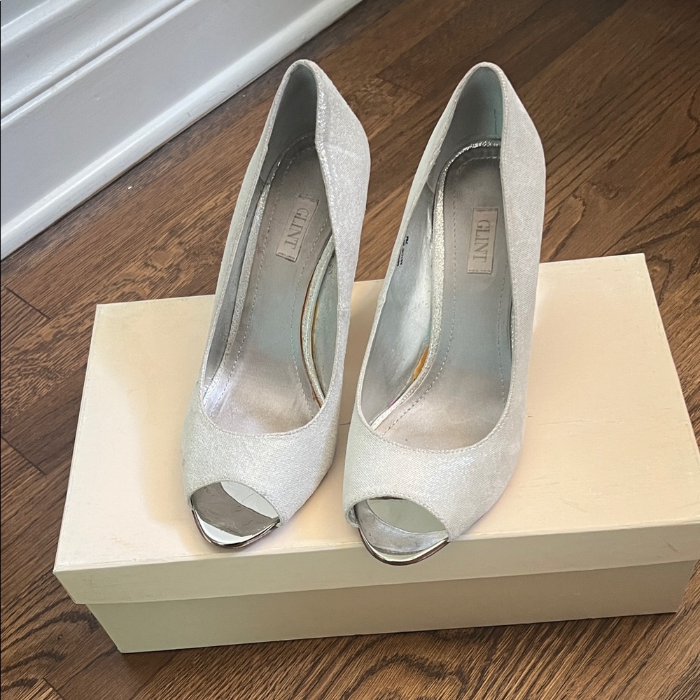 Glint Silver Peep-Toe Heels
